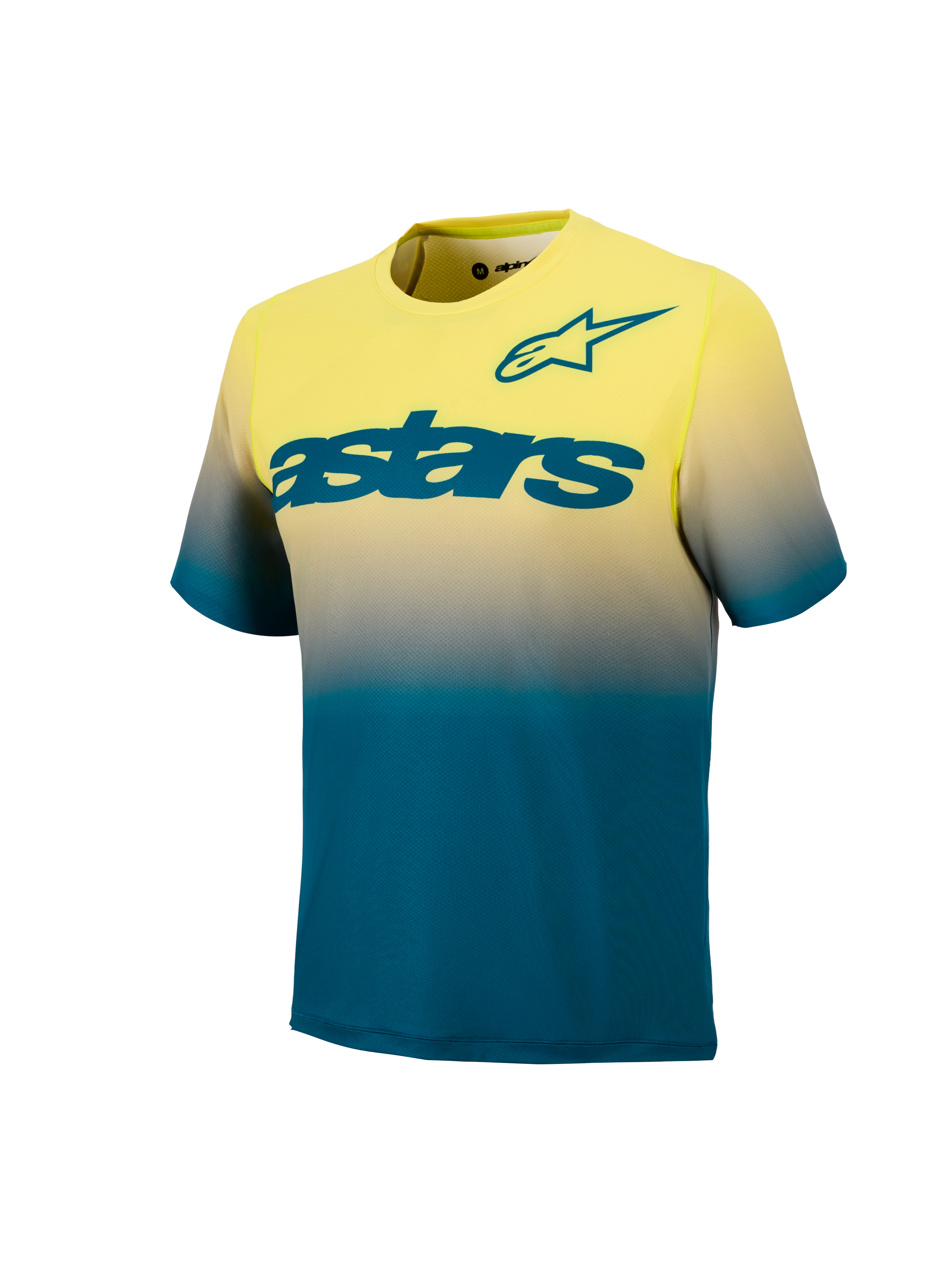 Maillot VTT A-Dura ASTARS 2.0, manches courtes, dégradé jaune fluo et bleu vert avec logo Astars sur la poitrine.