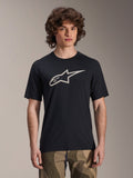 Maillot Alpinestars A-Dura Astar, maillot de VTT à manches courtes, noir avec logo étoile blanc, porté avec un pantalon camouflage, tenue de VTT décontractée, tissu technique évacuant l'humidité