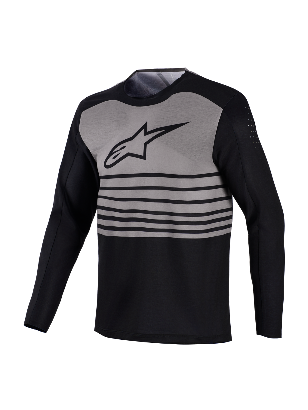 Maillot VTT A-Dura Elite à manches longues, design noir et gris à rayures horizontales et perforations aux biceps.