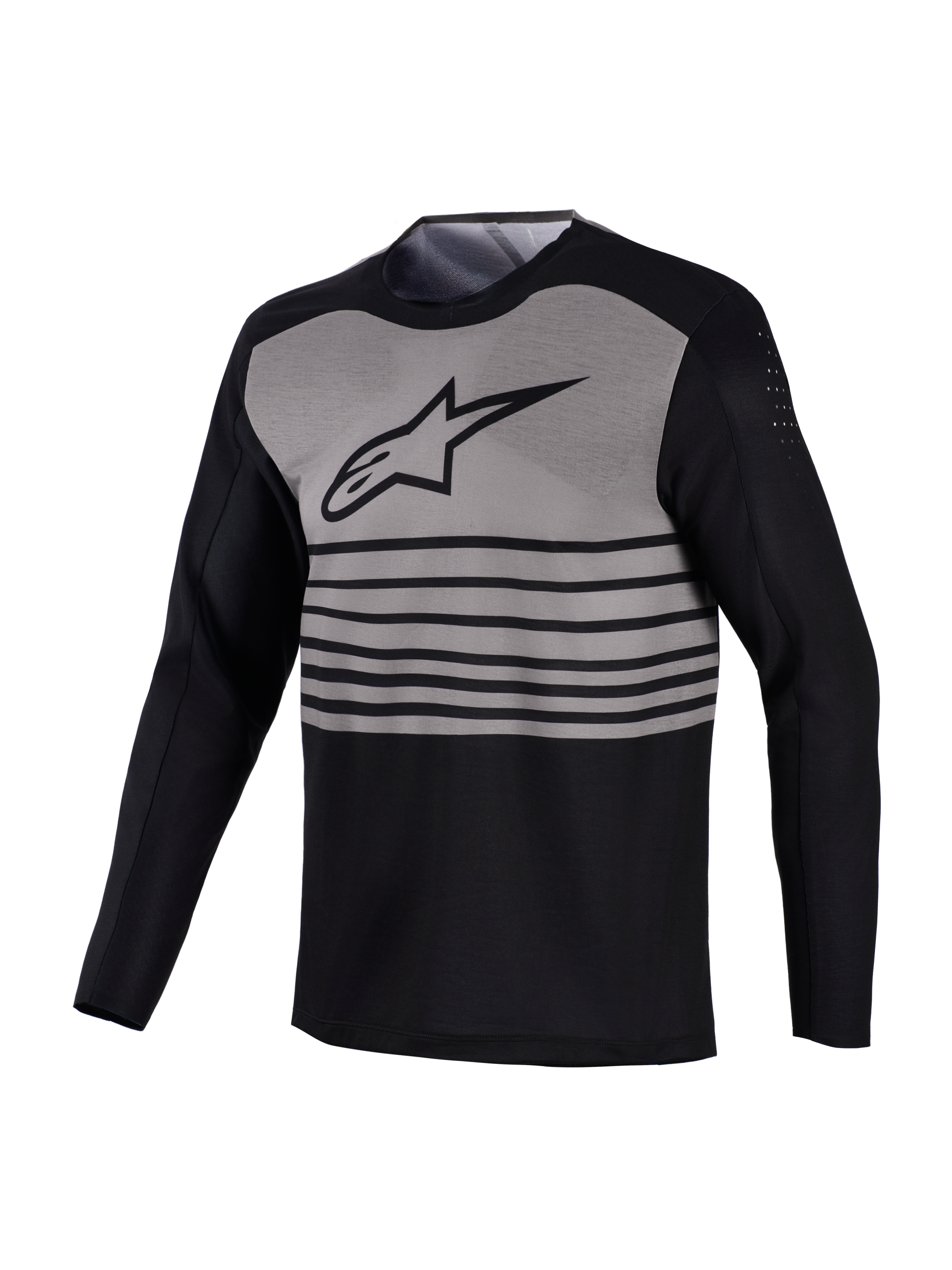 Maillot VTT A-Dura Elite à manches longues, design noir et gris à rayures horizontales et perforations aux biceps.