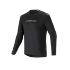 Alpinestars A-Aria Polartec Switch Long Sleeve Jersey, Black, mountain bike jersey featuring gold-toned Alpinestars branding on the chest and shoulders, with laser-perforated arms and moisture-wicking Polartec fabric for off-road performance