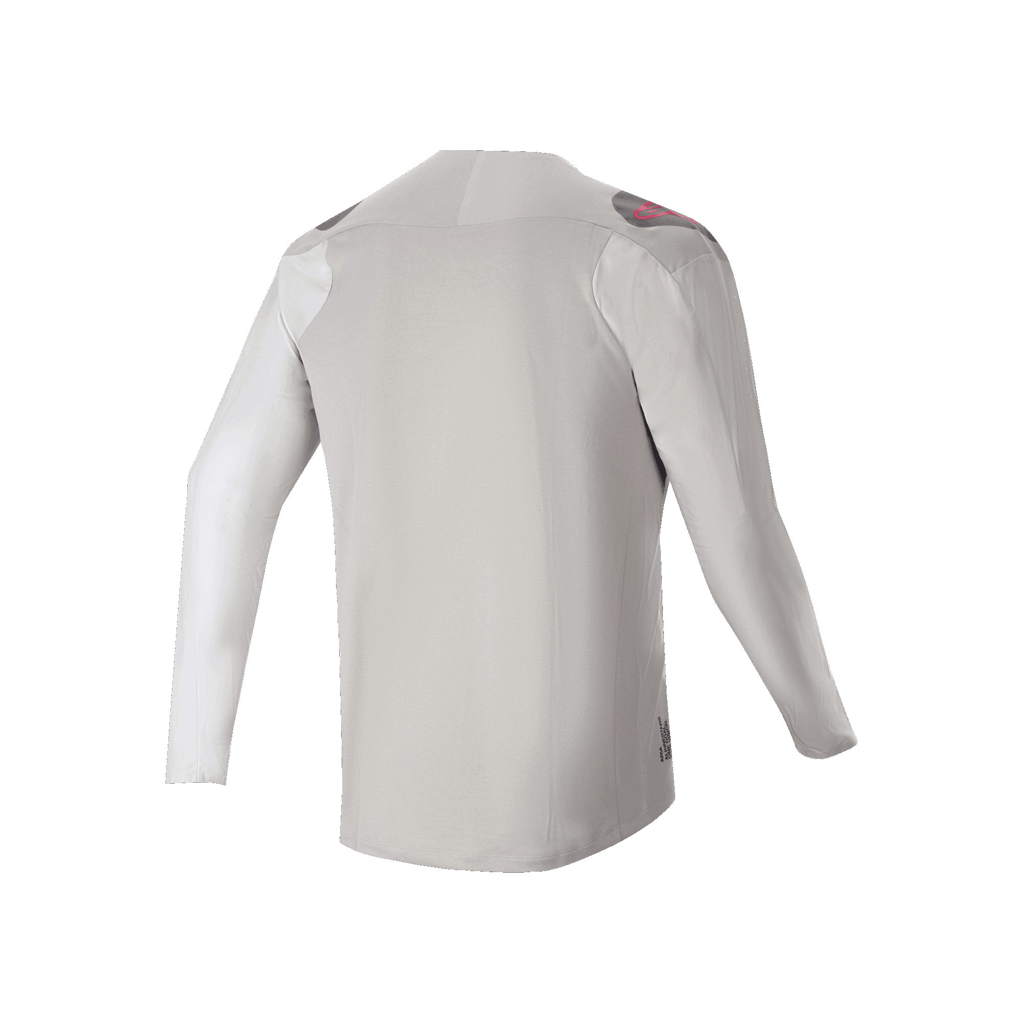 Alpinestars A-Aria Polartec Switch Long Sleeve Jersey, Rear View, Light Gray with dark gray shoulder panels and pink logo accents, performance stretch fabric with drop tail design, mountain bike trail riding apparel