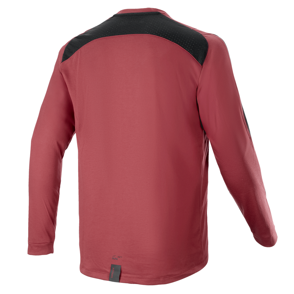 Maillot à manches longues Alpinestars A-Dura Dri Astar, bordeaux, maillot de VTT, vue arrière avec panneau de ventilation en maille noire sur les épaules, manches longues, tissu technique performant pour le cyclisme tout-terrain