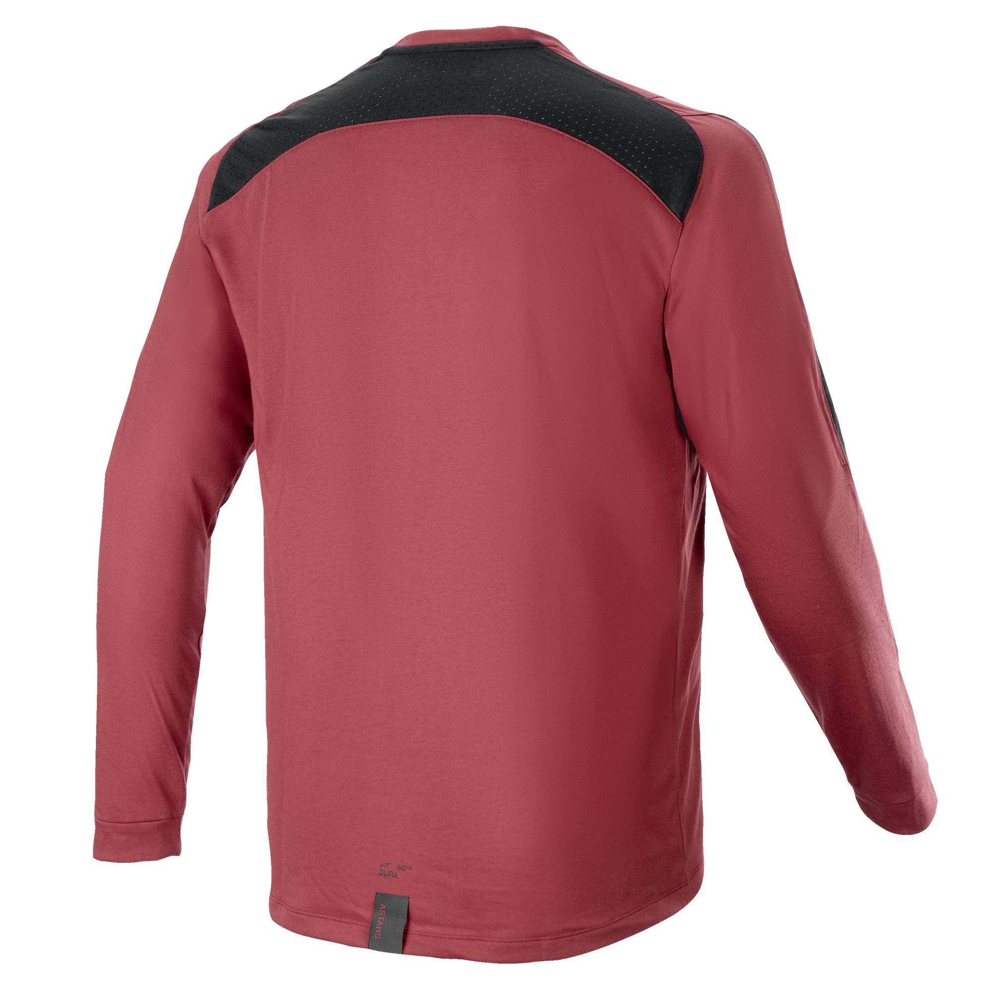Maillot à manches longues Alpinestars A-Dura Dri Astar, bordeaux, maillot de VTT, vue arrière avec panneau de ventilation en maille noire sur les épaules, manches longues, tissu technique performant pour le cyclisme tout-terrain