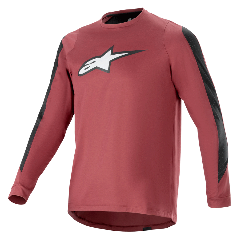 Alpinestars A-Dura Dri Astar Maillot à manches longues, bordeaux et noir, tissu drirelease® évacuant l'humidité, col rond, logo Astar blanc sur la poitrine, panneaux en maille noire sur les manches, équipement de performance pour VTT