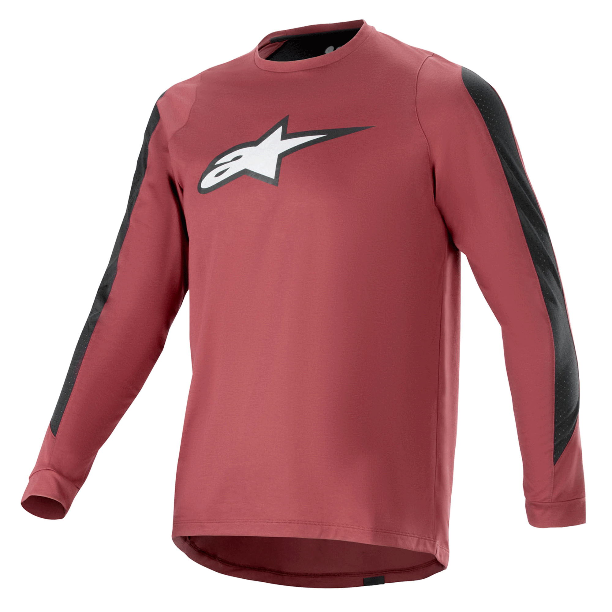 Alpinestars A-Dura Dri Astar Maillot à manches longues, bordeaux et noir, tissu drirelease® évacuant l'humidité, col rond, logo Astar blanc sur la poitrine, panneaux en maille noire sur les manches, équipement de performance pour VTT