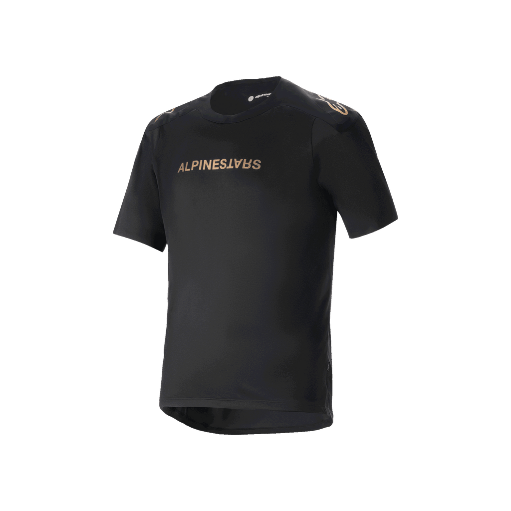Alpinestars A-Aria Polartec Switch Short Sleeve Jersey, Black mountain bike jersey, bronze-toned Alpinestars branding on chest and shoulders, technical moisture-wicking fabric, performance fit with drop tail hem