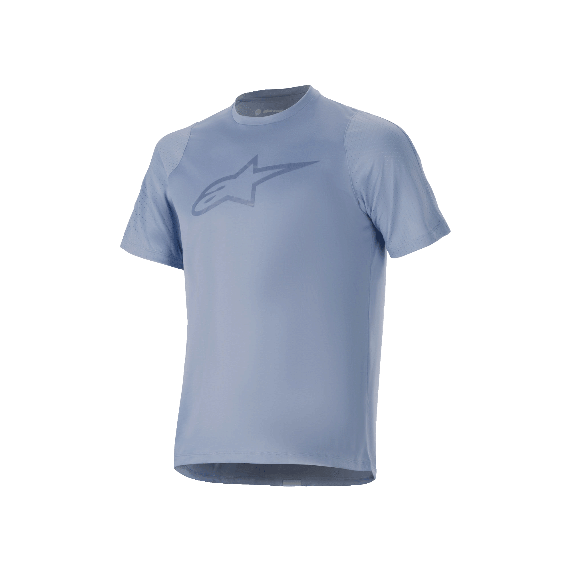 Alpinestars A-Dura Dri Astar Short Sleeve Jersey, Infinity Blue, featuring a large chest logo, breathable mesh panels on the sleeves, and drirelease fabric, designed for mountain bike performance.