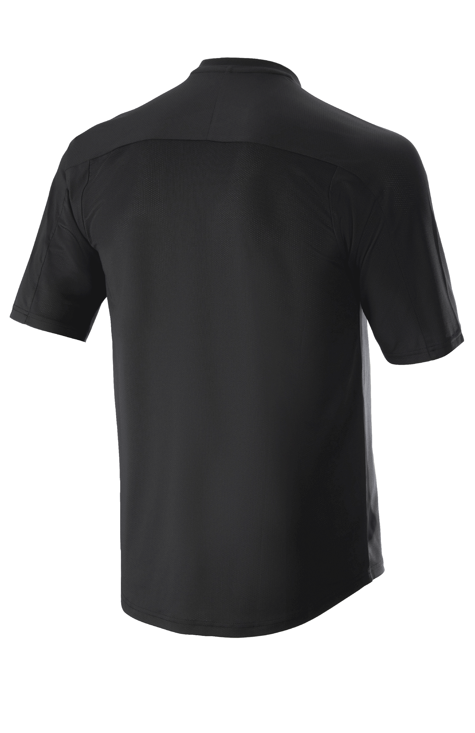 Alpinestars Drop Meta Jersey - Short Sleeve, Black, back view featuring unique shoulder yoke and sleeve seaming, extended tail for coverage, lightweight breathable mesh for mountain biking