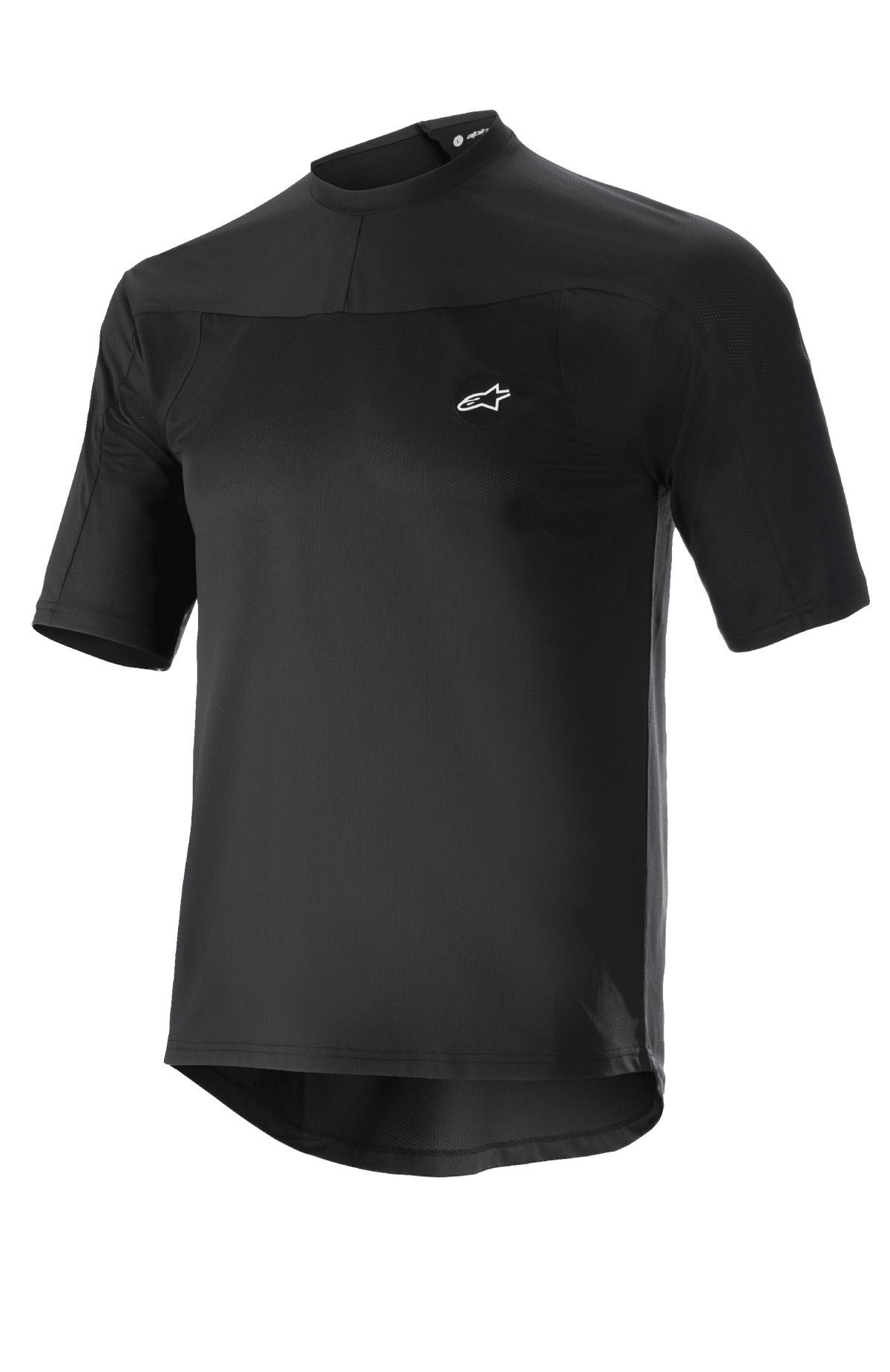 Alpinestars Drop Meta Jersey, Short Sleeve MTB Cycling Jersey, Black, lightweight mesh fabric, small white logo on chest, round collar, and extended tail for back coverage