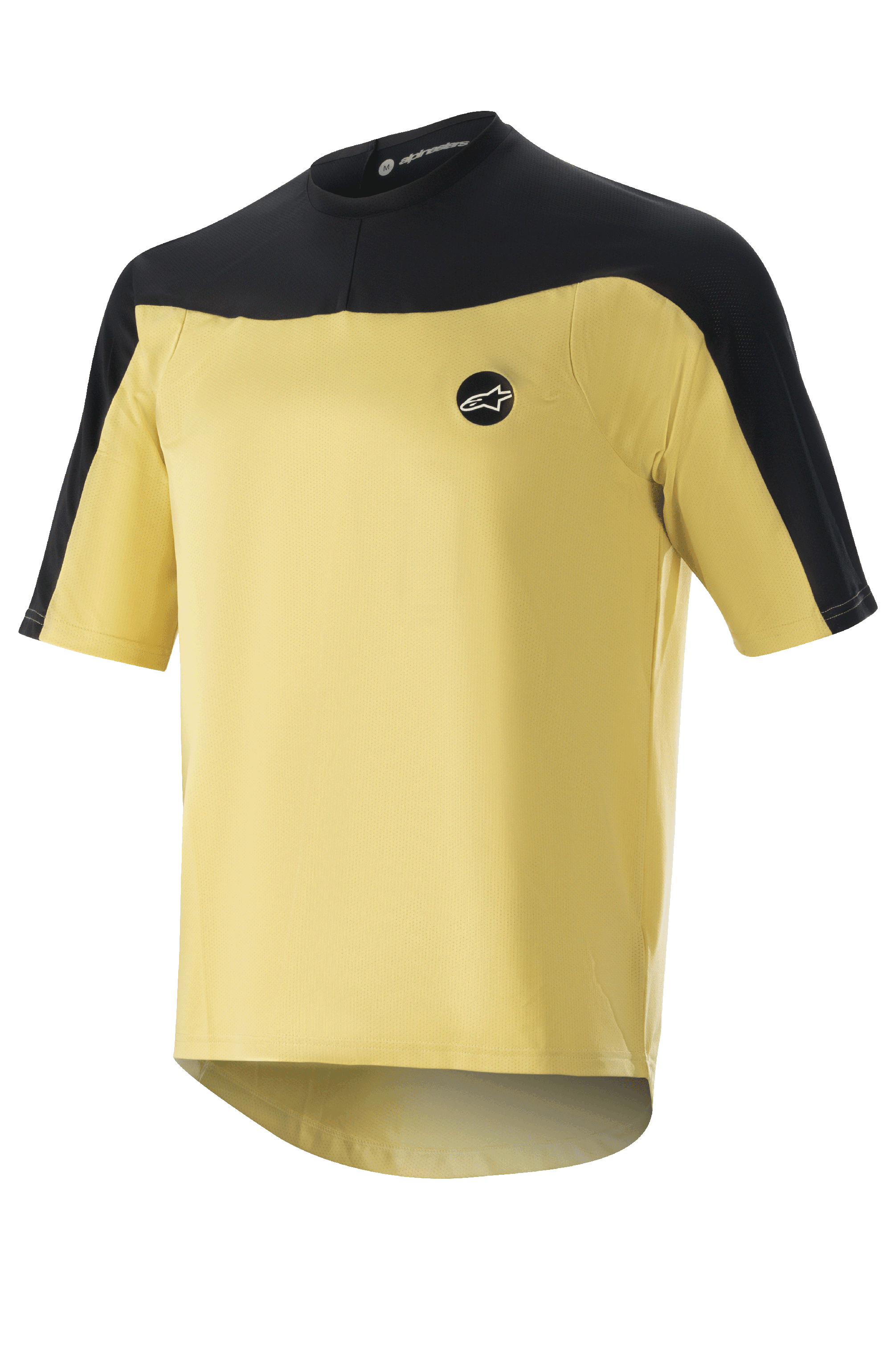Alpinestars Drop Meta Jersey - Manches courtes, maillot de cyclisme VTT, jaune et noir, construction en mesh avec épaules contrastées, logo circulaire sur la poitrine et pan arrière allongé