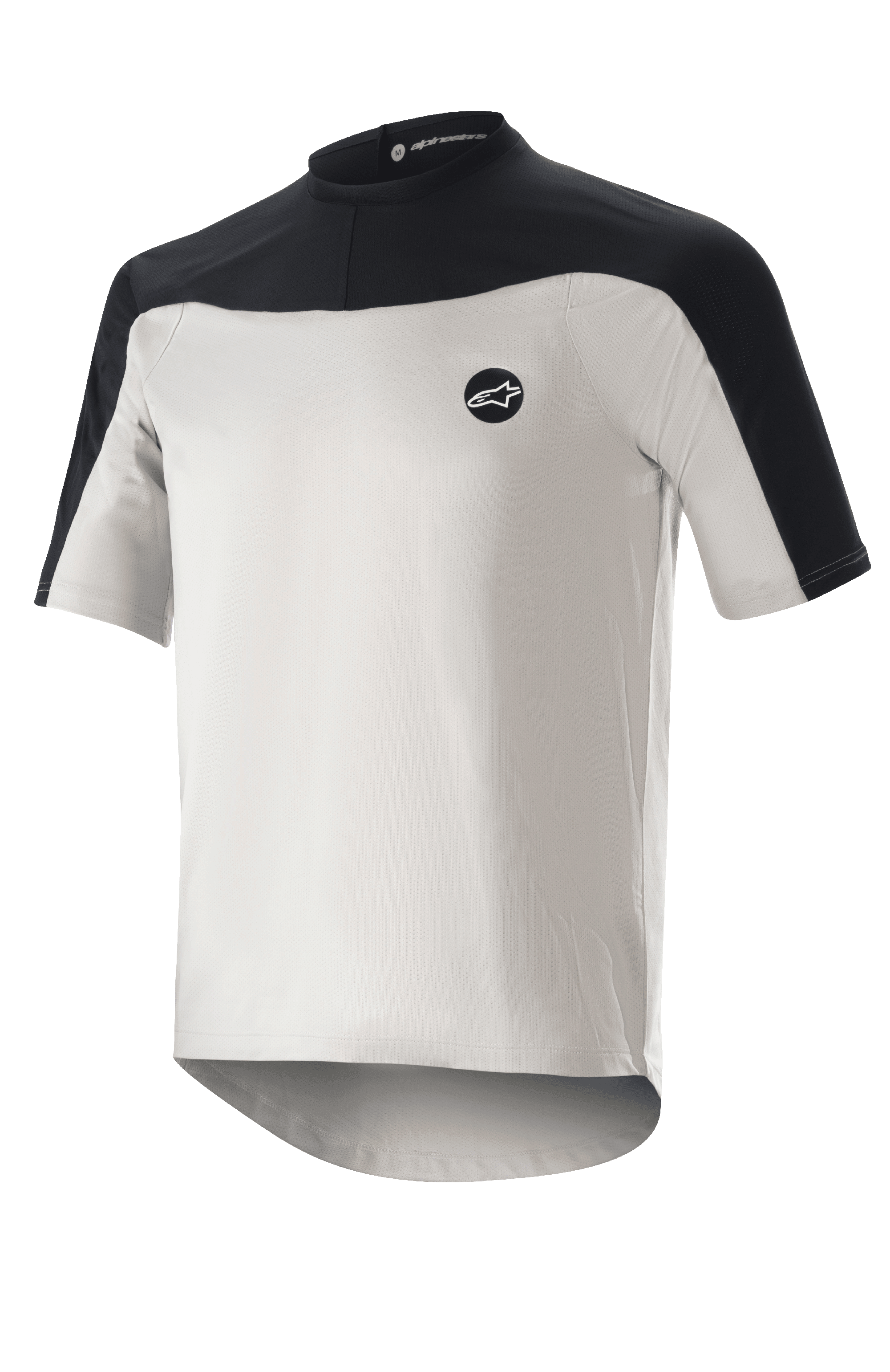 Alpinestars Drop Meta Jersey Short Sleeve, Mountain Biking Jersey, Light Gray and Black, featuring a breathable mesh construction, black shoulder yoke, round neckline, and extended rear tail for coverage.