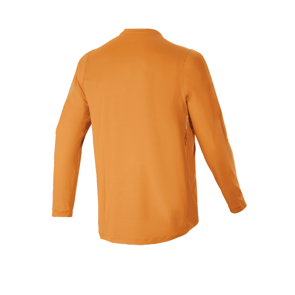 Alpinestars A-Dura Rocker Long Sleeve Jersey, Mountain Bike Jersey, Dark Gold, Back View, featuring a dropped tail for coverage and performance jacquard material