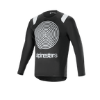 Alpinestars A-Supra Oscar Long Sleeve Jersey, Black cycling jersey, featuring a large white Oscar spiral graphic on the chest, white shoulder accents, Alpinestars logo, lightweight and breathable for MTB gravity riding