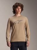 Alpinestars A-Dura Astar Long Sleeve Jersey, brun clair, maillot de VTT, doté d'un grand logo Astars gris foncé sur la poitrine, coupe classique, tissu technique évacuant l'humidité pour la performance tout-terrain