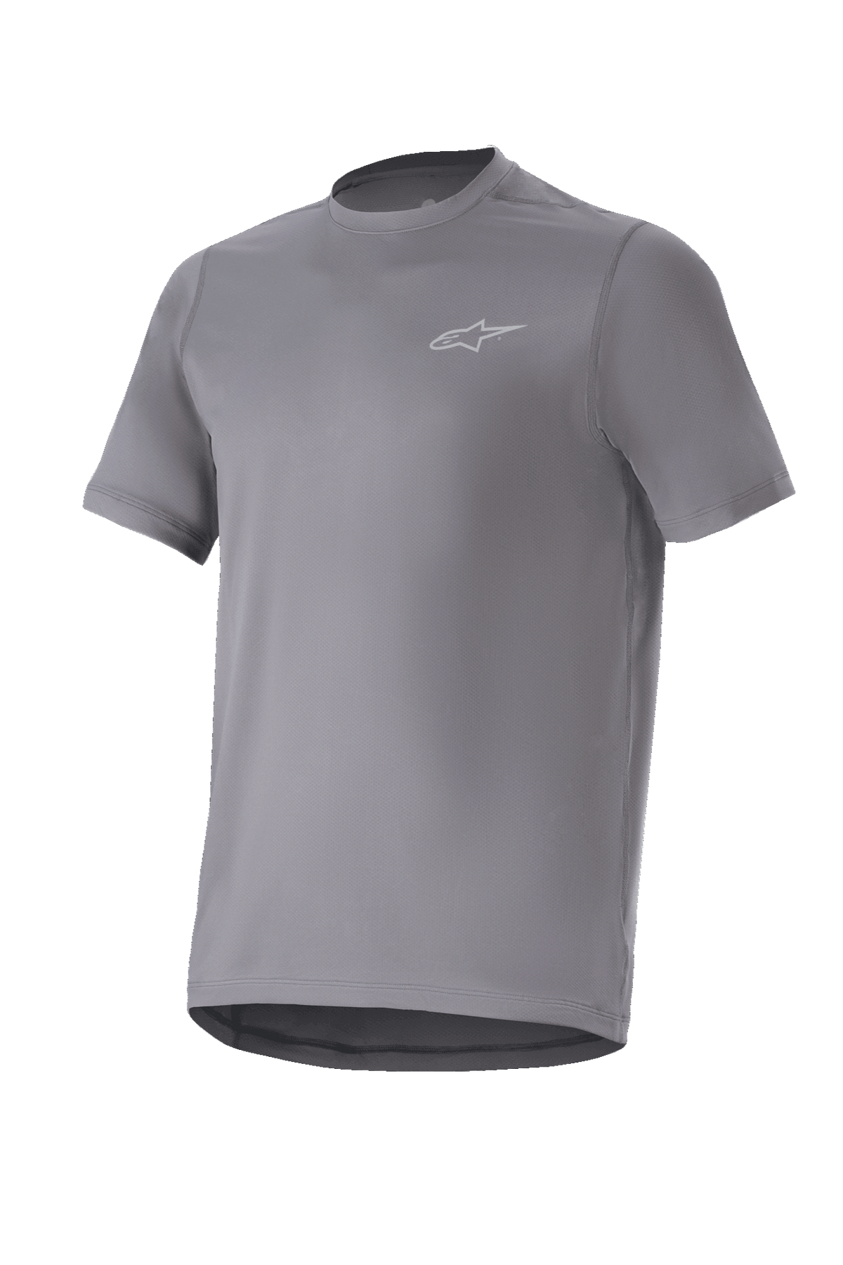 Alpinestars A-Dura Astar Jersey, Short Sleeve Mountain Bike Jersey, Dark Gray, featuring a small silver logo on the chest, crew neck and drop tail, moisture-wicking performance fabric, MTB trail riding