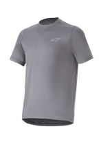 Alpinestars A-Dura Astar Jersey, Short Sleeve Mountain Bike Jersey, Dark Gray, featuring a small silver logo on the chest, crew neck and drop tail, moisture-wicking performance fabric, MTB trail riding