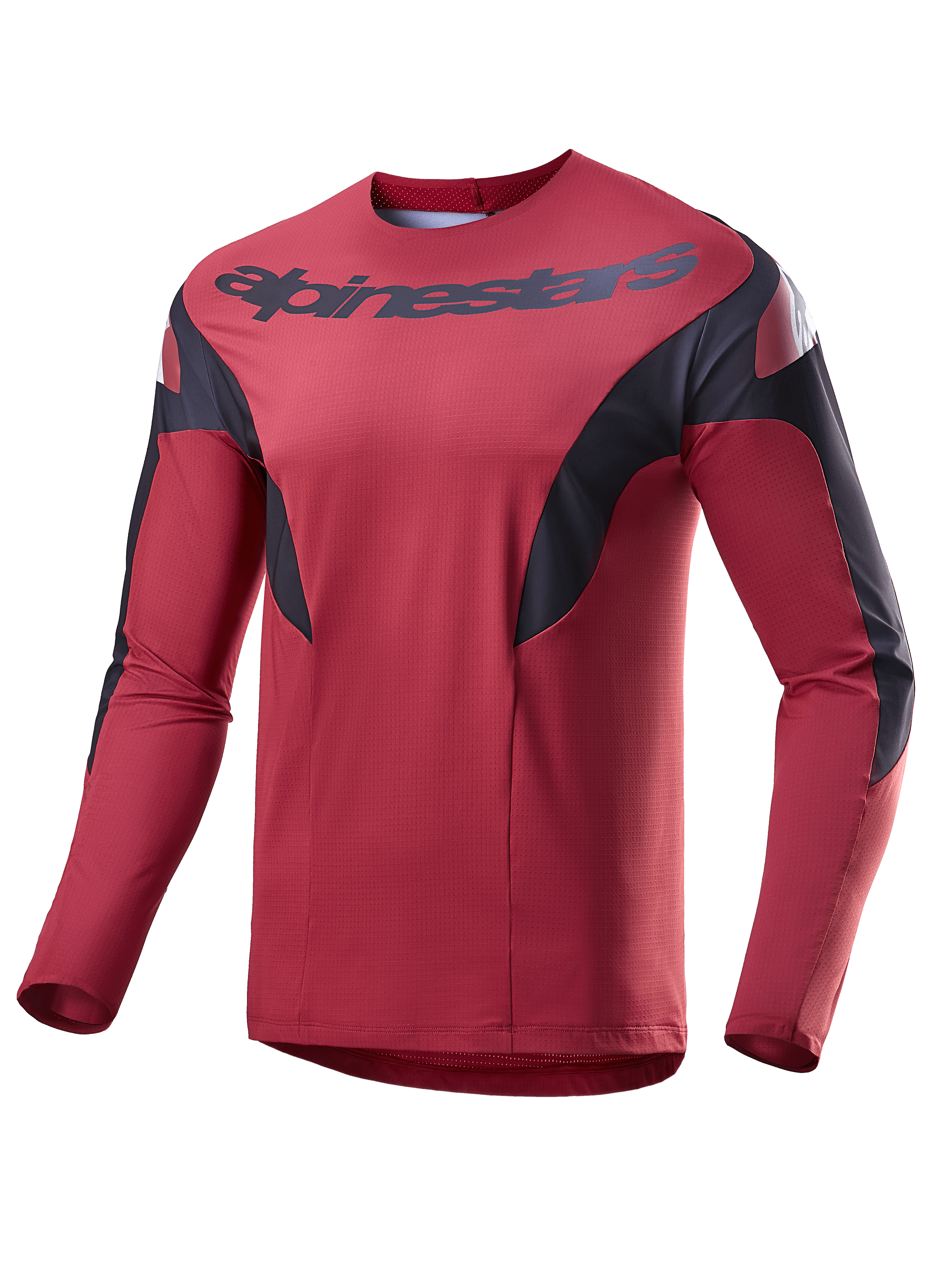 Alpinestars A-Supra Race Jersey, maillot de VTT à manches longues, bourgogne avec panneaux latéraux noirs et accents blancs, logo Alpinestars sur la poitrine, tissu micro-perforé léger pour la course de VTT