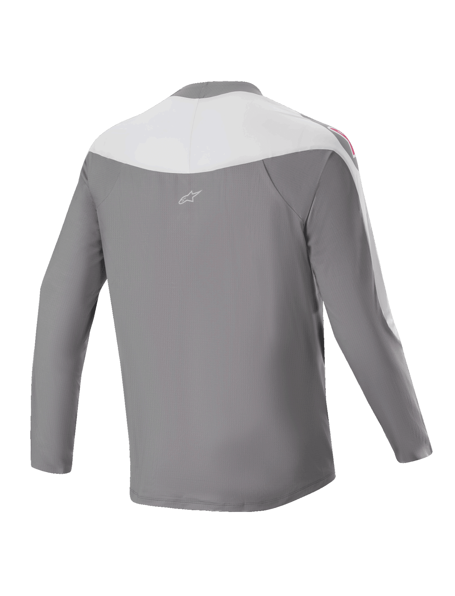 Maillot Alpinestars A-Supra Race - Manches longues, maillot de VTT, gris foncé et blanc, vue arrière avec petit logo étoile, graphismes rouges sur les épaules et coupe performance pour la course tout-terrain