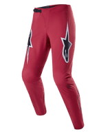 Alpinestars A-Supra Race Pants, MTB Racing Pants, Burgundy with large white and black star logos on the thighs, featuring laser-perforated ventilation, black ratchet waist closure, and a tapered performance fit for mountain biking