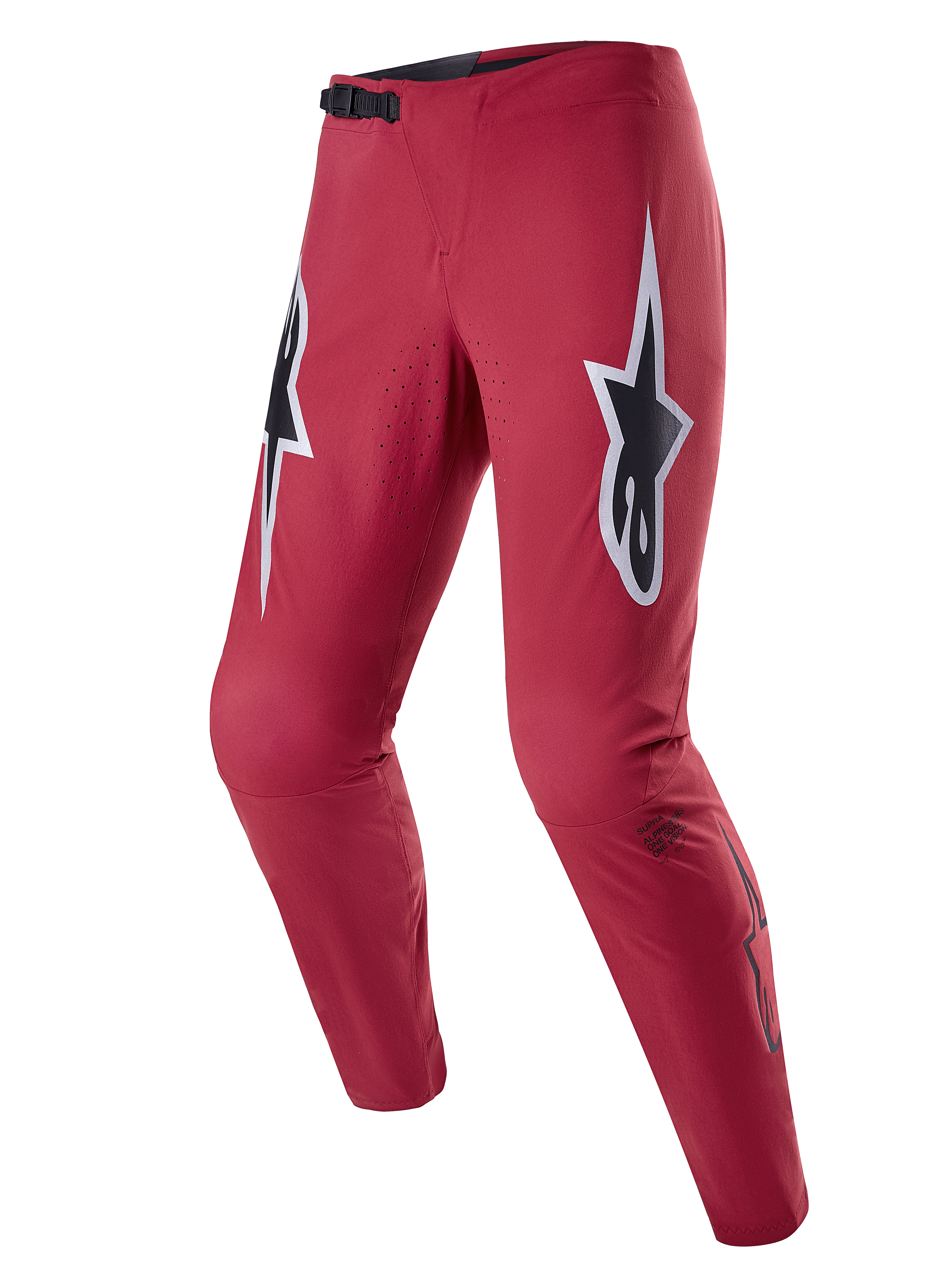 Alpinestars A-Supra Race Pants, MTB Racing Pants, Burgundy with large white and black star logos on the thighs, featuring laser-perforated ventilation, black ratchet waist closure, and a tapered performance fit for mountain biking