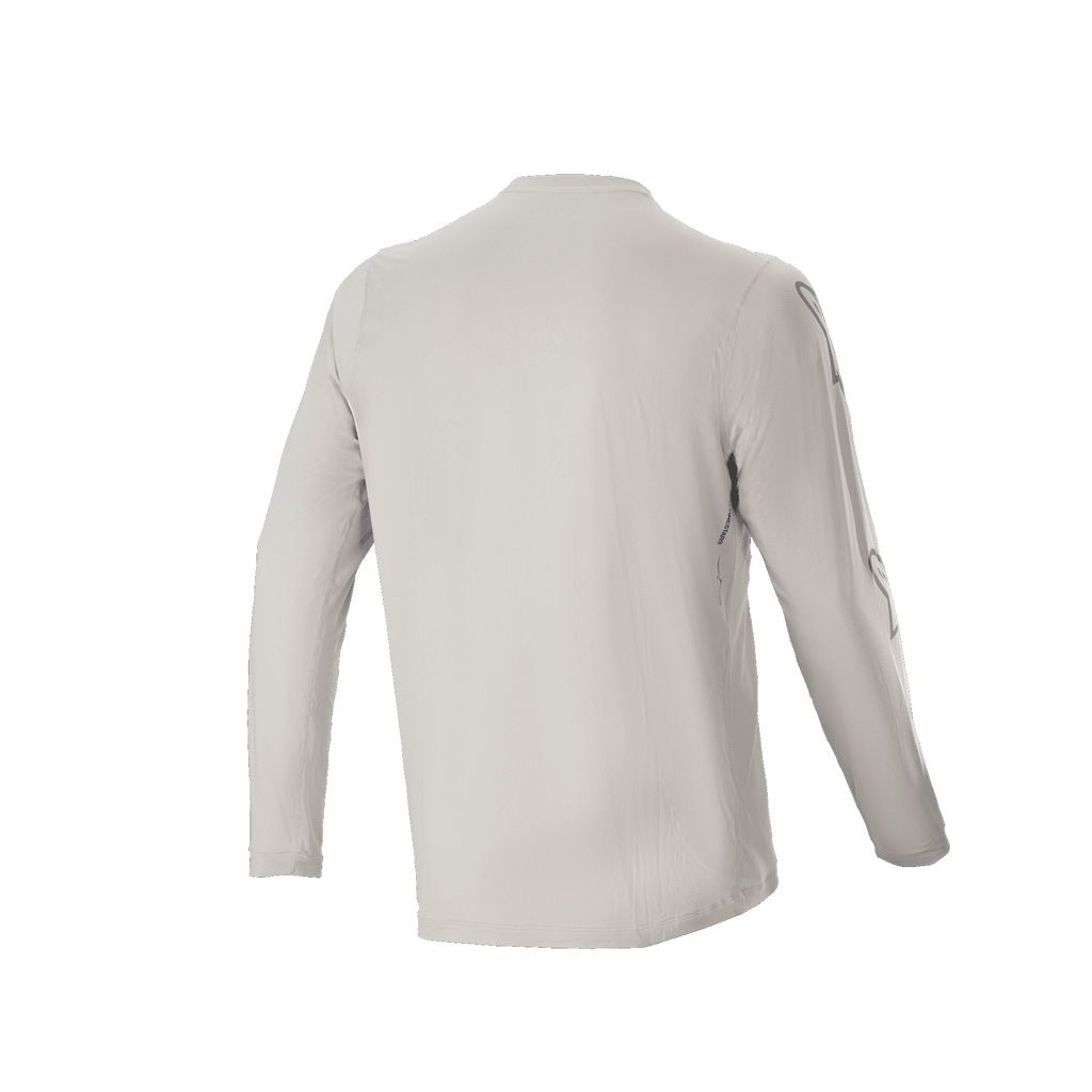 Maillot à manches longues Alpinestars A-Dura Switch, gris clair, vue arrière montrant les manches longues et le pan arrière plus long, tissu jacquard léger évacuant l'humidité pour le VTT