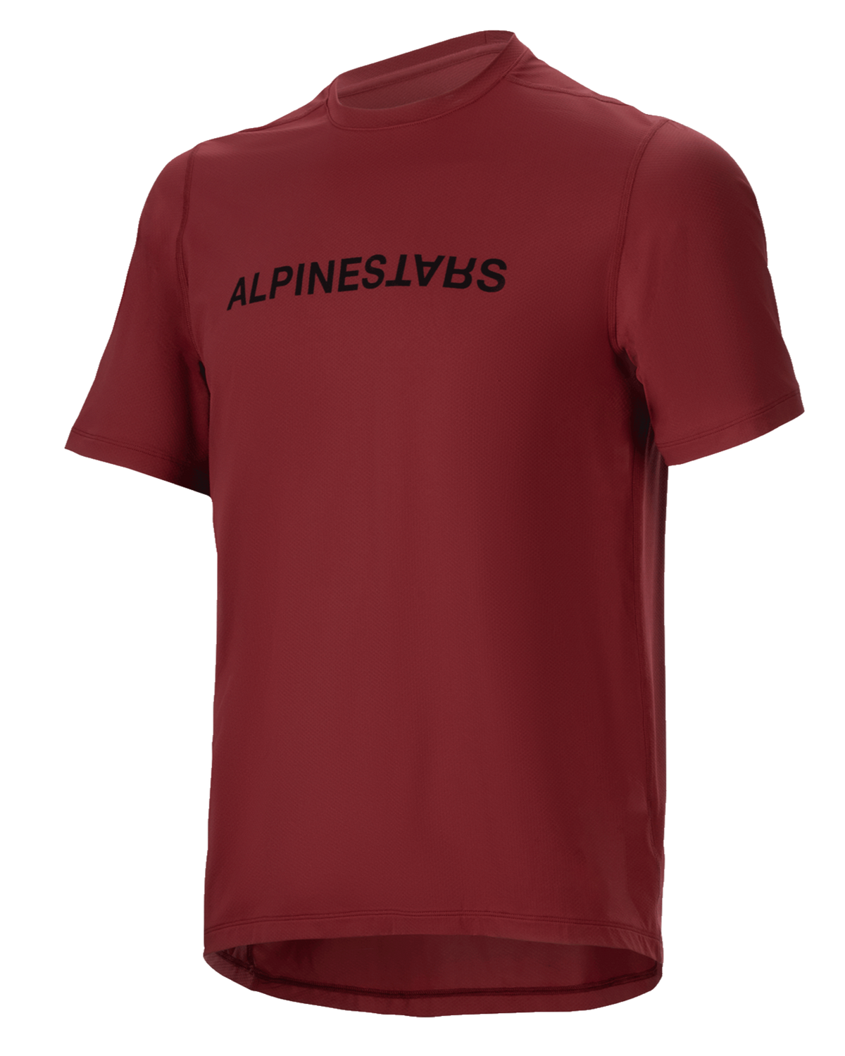 Alpinestars A-Dura Switch Jersey, maillot de VTT à manches courtes, bordeaux, logo noir sur la poitrine, tissu léger évacuant l'humidité, col rond et pan arrière allongé, conçu pour le cyclisme tout-terrain