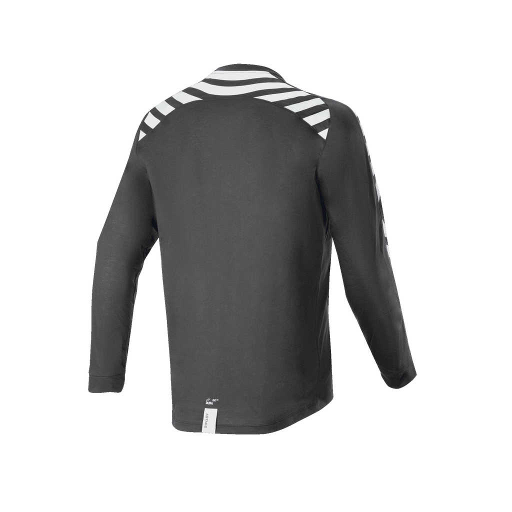 Maillot à manches longues Alpinestars A-Dura Dri Oscar, noir réfléchissant, vue de dos présentant des bandes réfléchissantes blanches sur les épaules et les bras, tissu technique recyclé drirelease®, pan arrière allongé pour le VTT