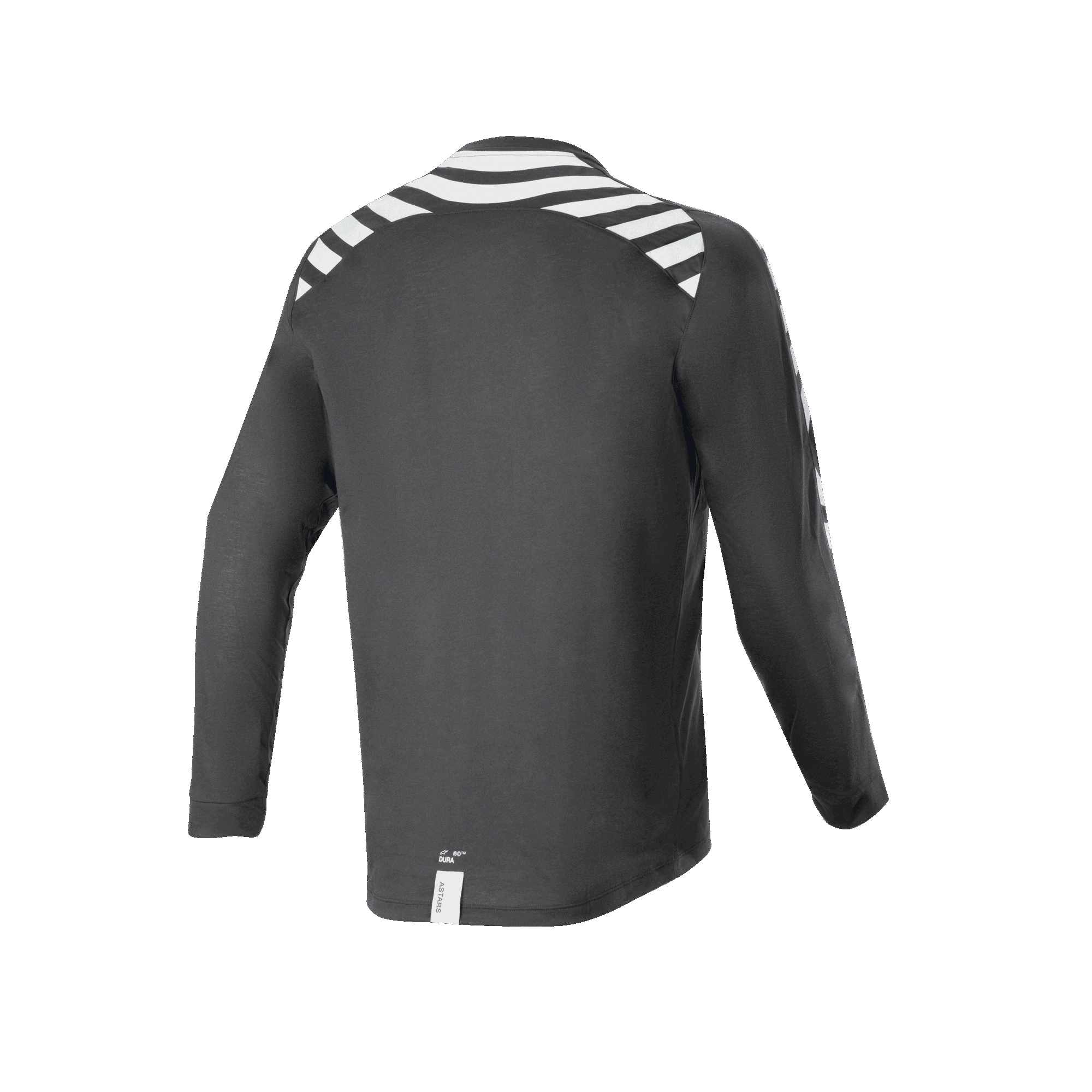 Maillot à manches longues Alpinestars A-Dura Dri Oscar, noir réfléchissant, vue de dos présentant des bandes réfléchissantes blanches sur les épaules et les bras, tissu technique recyclé drirelease®, pan arrière allongé pour le VTT