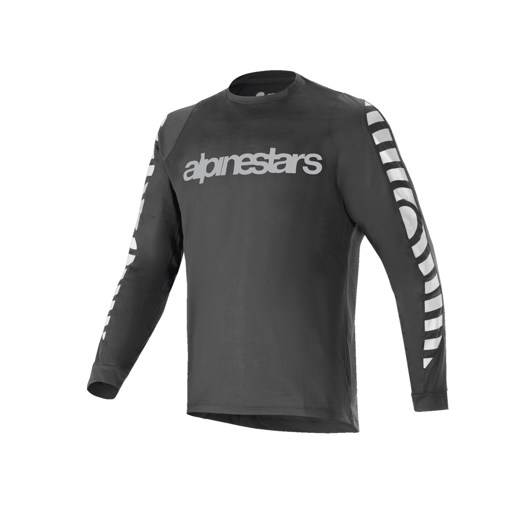 Maillot à manches longues Alpinestars A-Dura Dri Oscar, maillot de cyclisme, noir réfléchissant, avec un grand logo réfléchissant argenté sur la poitrine et des motifs graphiques sur les manches, vêtement technique de performance pour VTT