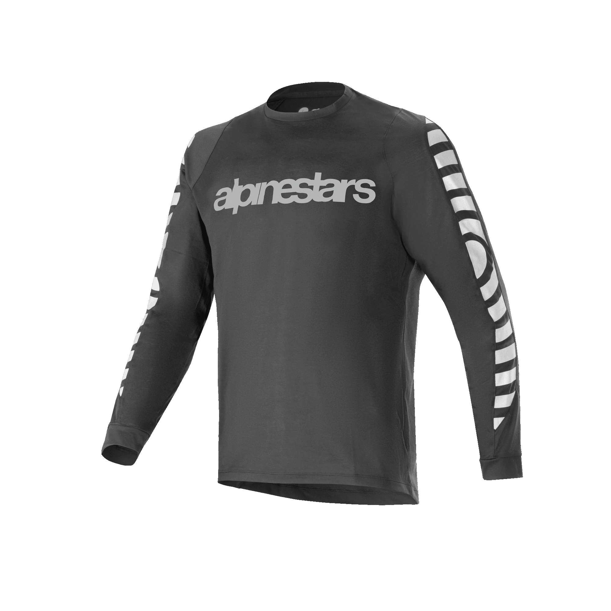 Maillot à manches longues Alpinestars A-Dura Dri Oscar, maillot de cyclisme, noir réfléchissant, avec un grand logo réfléchissant argenté sur la poitrine et des motifs graphiques sur les manches, vêtement technique de performance pour VTT
