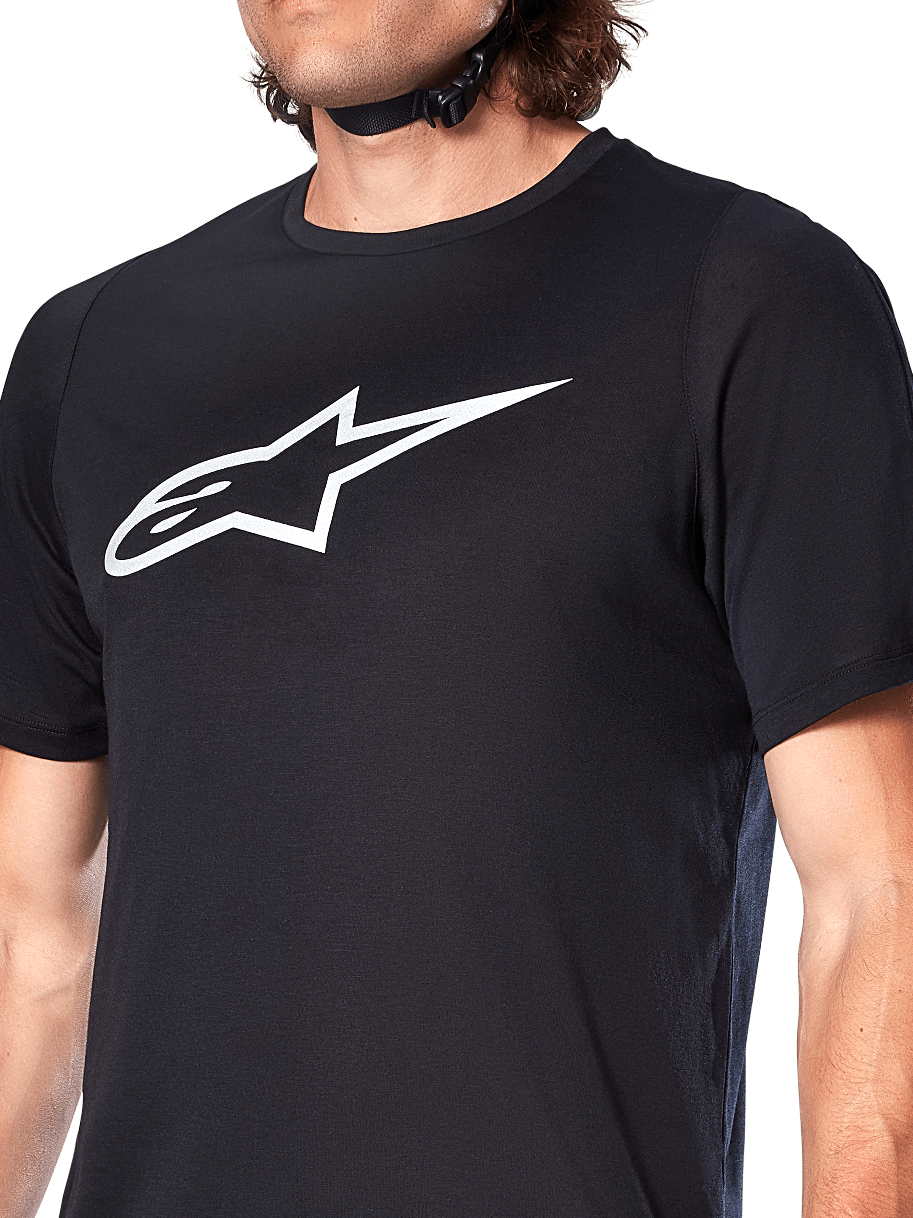 Alpinestars A-Dura Dri Oscar Jersey, Short Sleeve MTB Jersey, Black Reflective, featuring a large white Alpinestars logo on the chest, technical moisture-wicking fabric for mountain biking