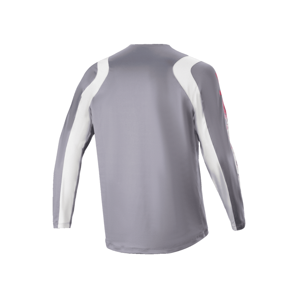 Maillot à manches longues Alpinestars A-Supra Astar, gris foncé et blanc, vue arrière montrant la texture en maille ventilée et une queue plus longue, équipement de cyclisme de performance pour le VTT