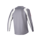 Maillot à manches longues Alpinestars A-Supra Astar, gris foncé et blanc, vue arrière montrant la texture en maille ventilée et une queue plus longue, équipement de cyclisme de performance pour le VTT