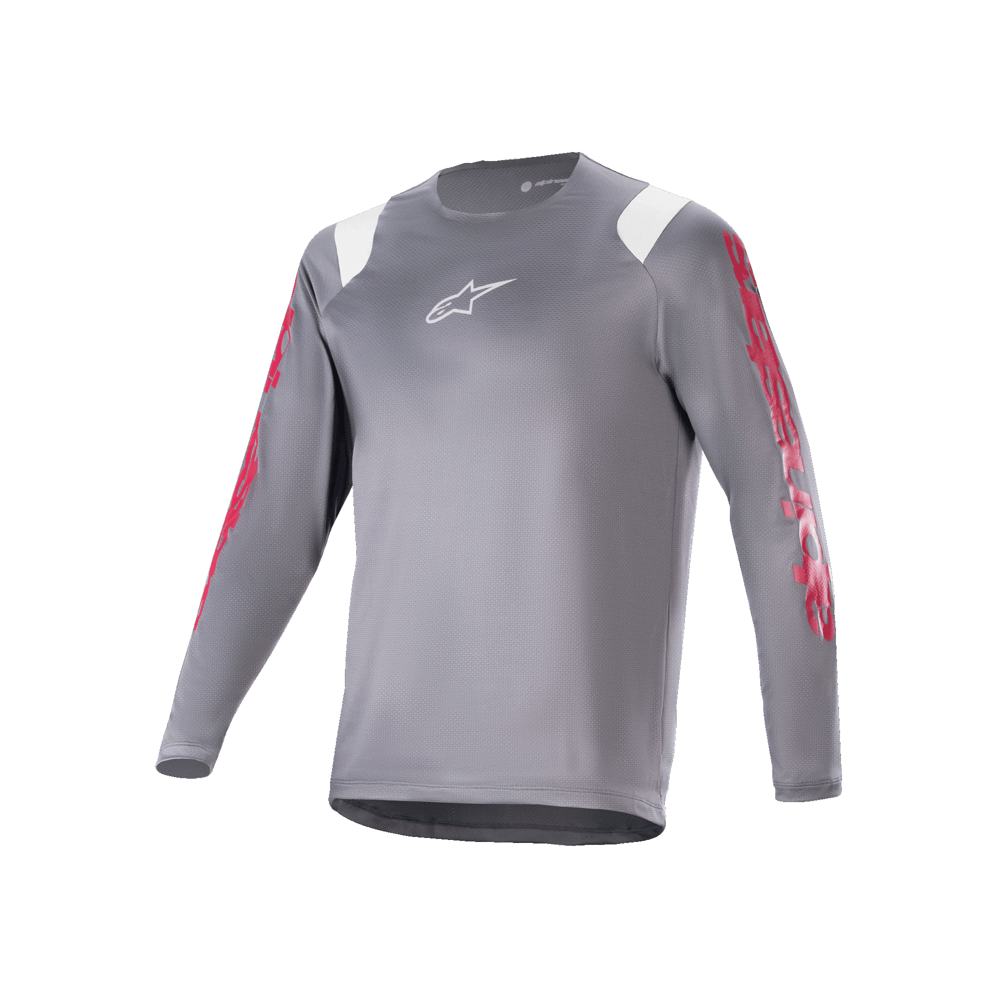 Maillot à manches longues Alpinestars A-Supra Astar, maillot de VTT gris foncé avec motifs rouges sur les manches et accents blancs aux épaules, logo Astars blanc sur la poitrine, vêtement technique pour le vélo de montagne