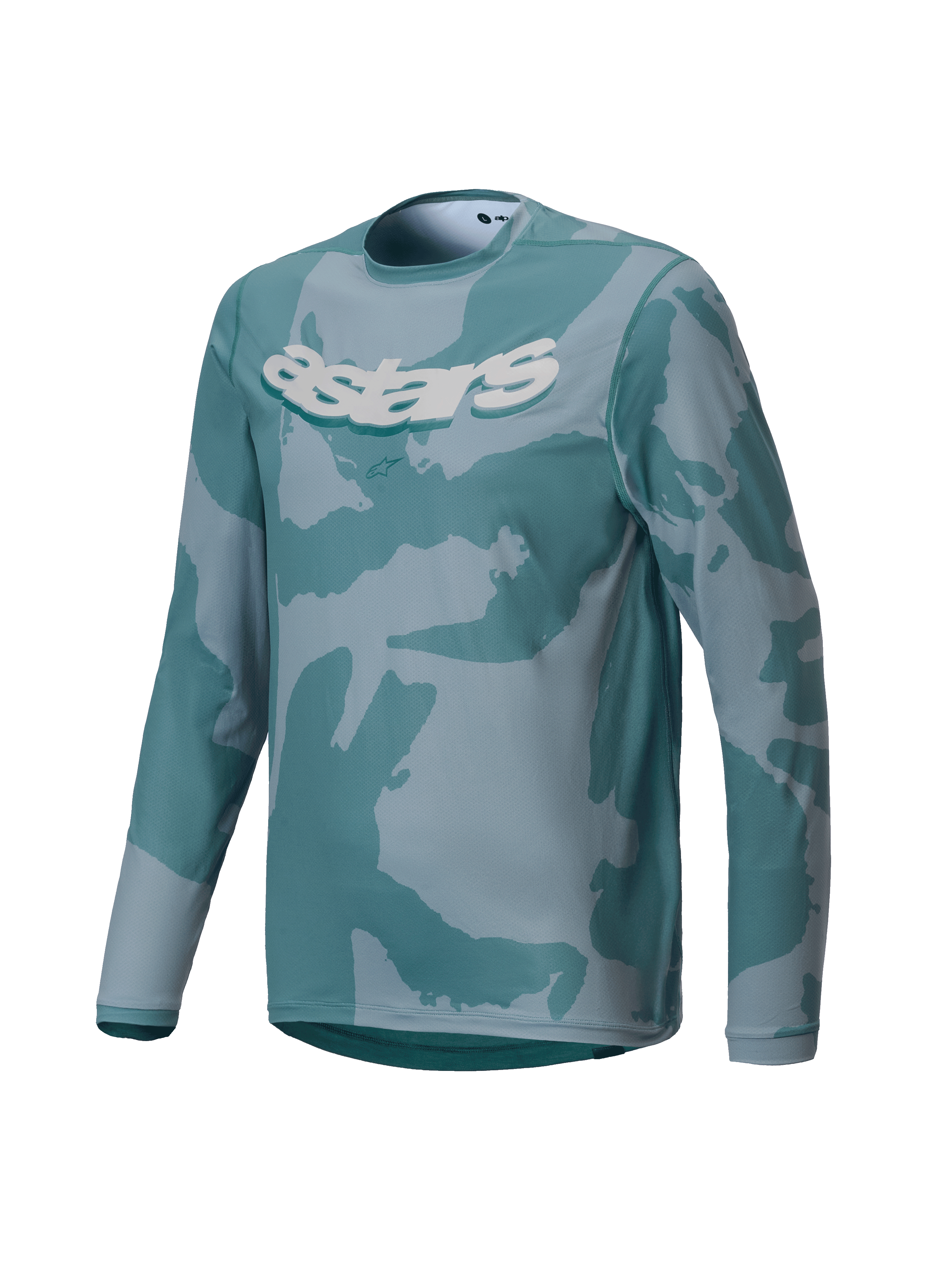 Maillot Alpinestars Youth A-Dura Hollow Camo, maillot de VTT à manches longues, Silver Pine Camo avec motifs turquoise et gris, logo Astars blanc sur la poitrine, tissu haute performance pour le trail pour jeunes