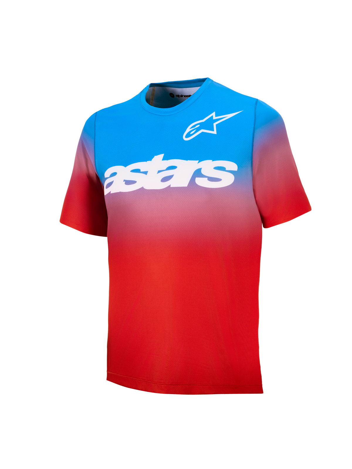 Maillot VTT Jeune A-Dura Astars 2.0, dégradé bleu et rouge avec logos et mot-symbole blancs sur la poitrine.