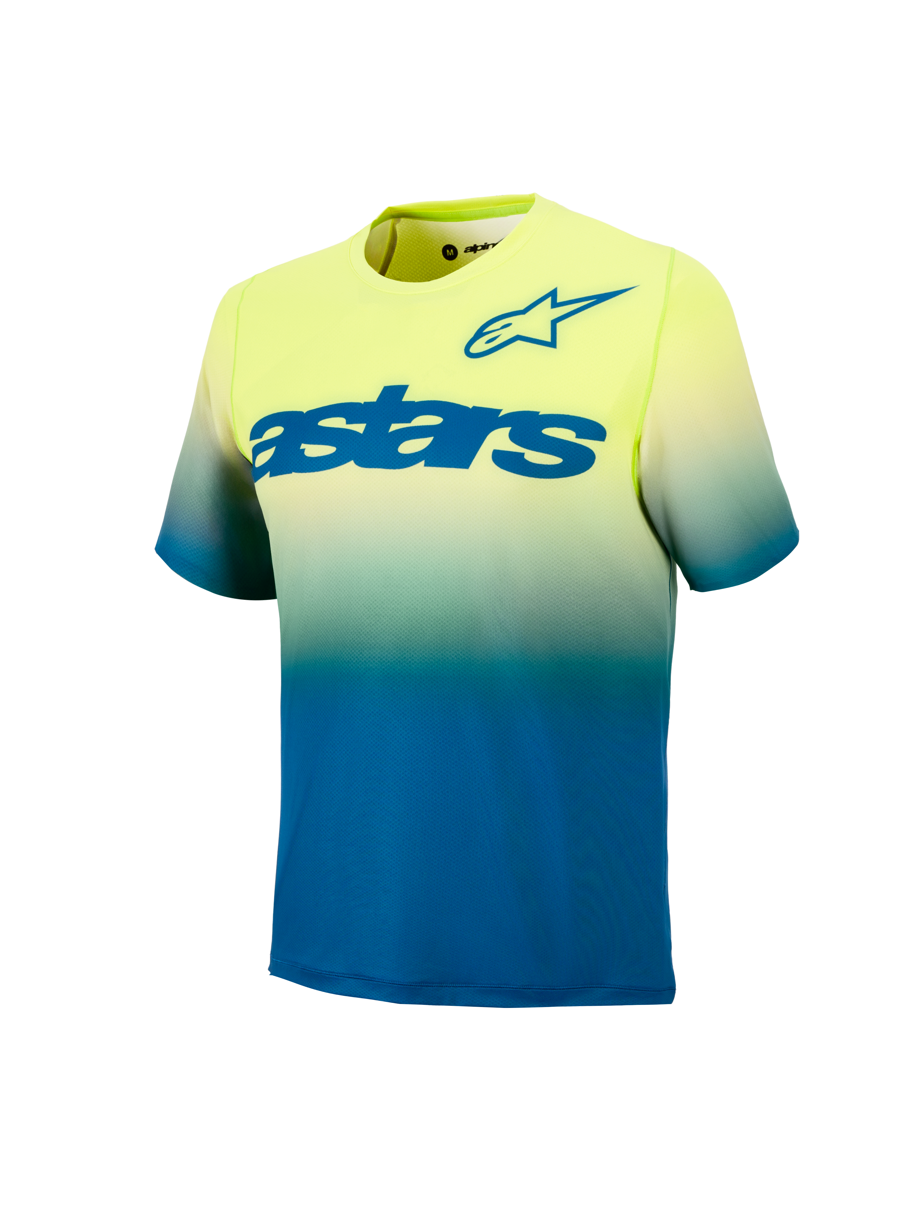 Youth A-Dura Astars Jersey 2.0, short sleeve MTB jersey in yellow and blue gradient with bold blue chest logos.