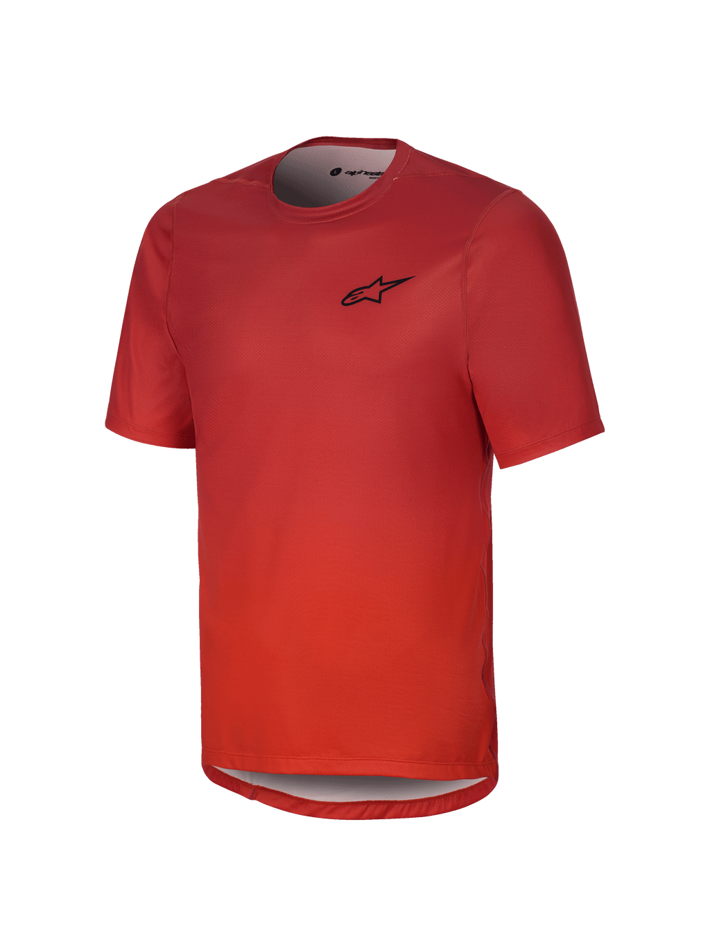 Alpinestars Youth A-Dura Rise Short Sleeve Jersey, Spicy Orange, features black chest logo, round neck and drop tail hem, breathable jacquard fabric for mountain biking
