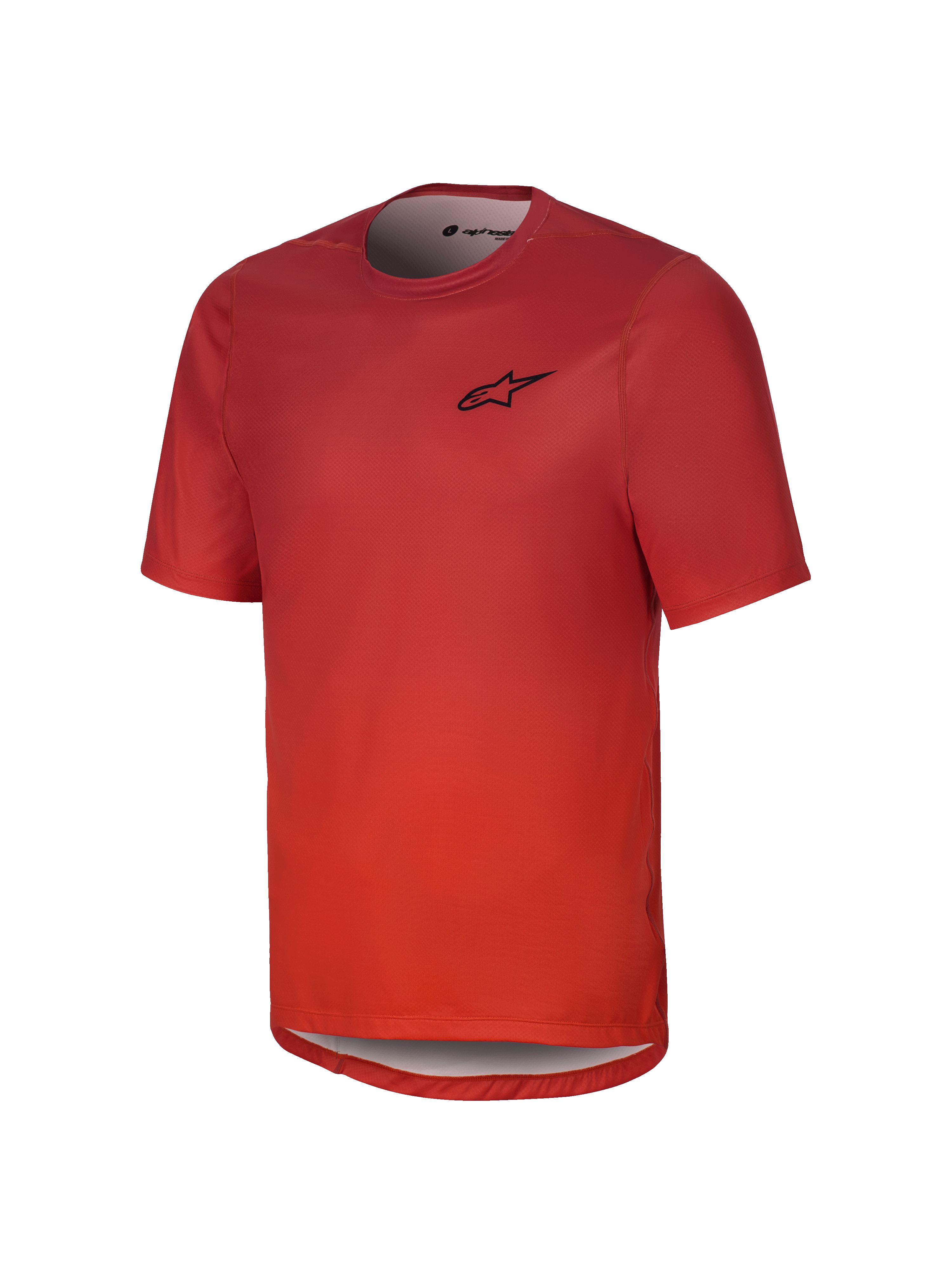 Alpinestars Youth A-Dura Rise Short Sleeve Jersey, Spicy Orange, features black chest logo, round neck and drop tail hem, breathable jacquard fabric for mountain biking