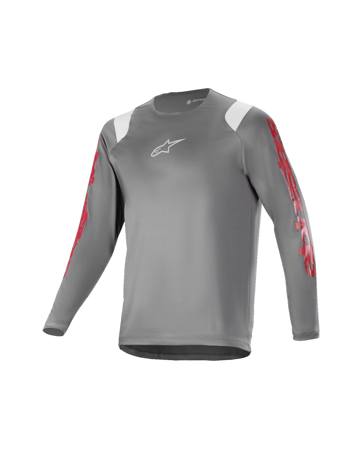 Alpinestars Youth A Supra Astar Long Sleeve Jersey, gris foncé avec accents blancs sur les épaules et marquage rouge sur les manches, logo blanc sur la poitrine, tissu technique respirant, col rond, coupe athlétique performante pour le VTT