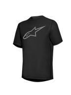 Maillot Stella A-Dura Ride noir à manches courtes, logo Astars gris sur la poitrine, équipement VTT pour femme.