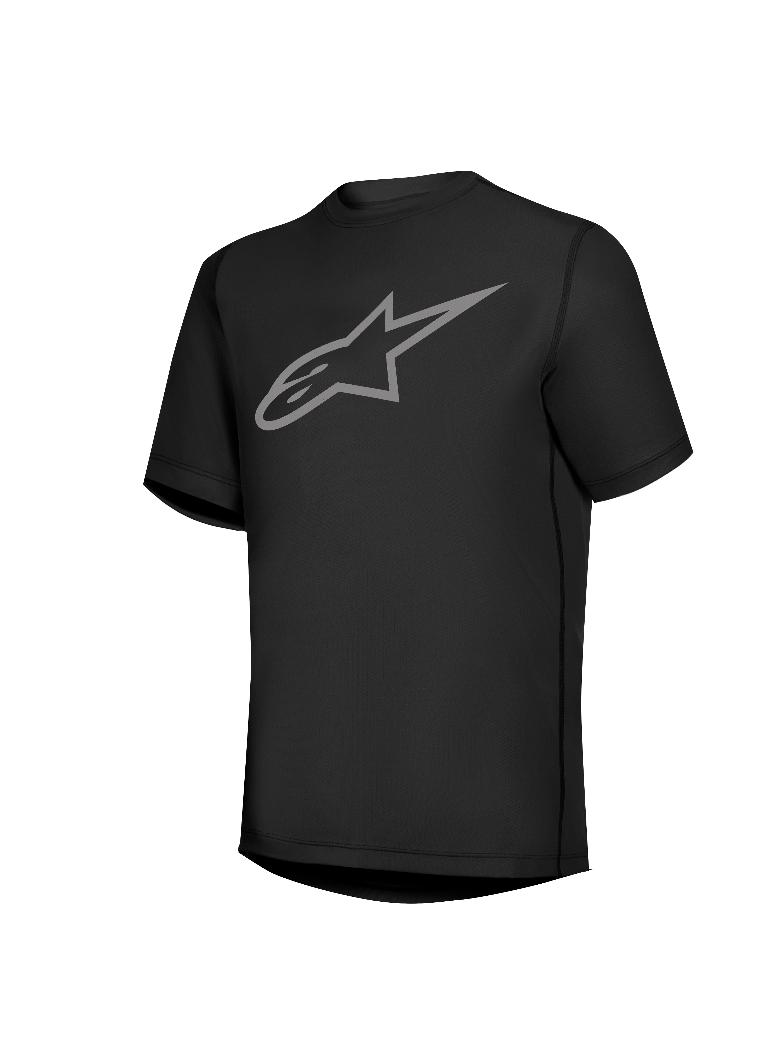 Maillot Stella A-Dura Ride noir à manches courtes, logo Astars gris sur la poitrine, équipement VTT pour femme.