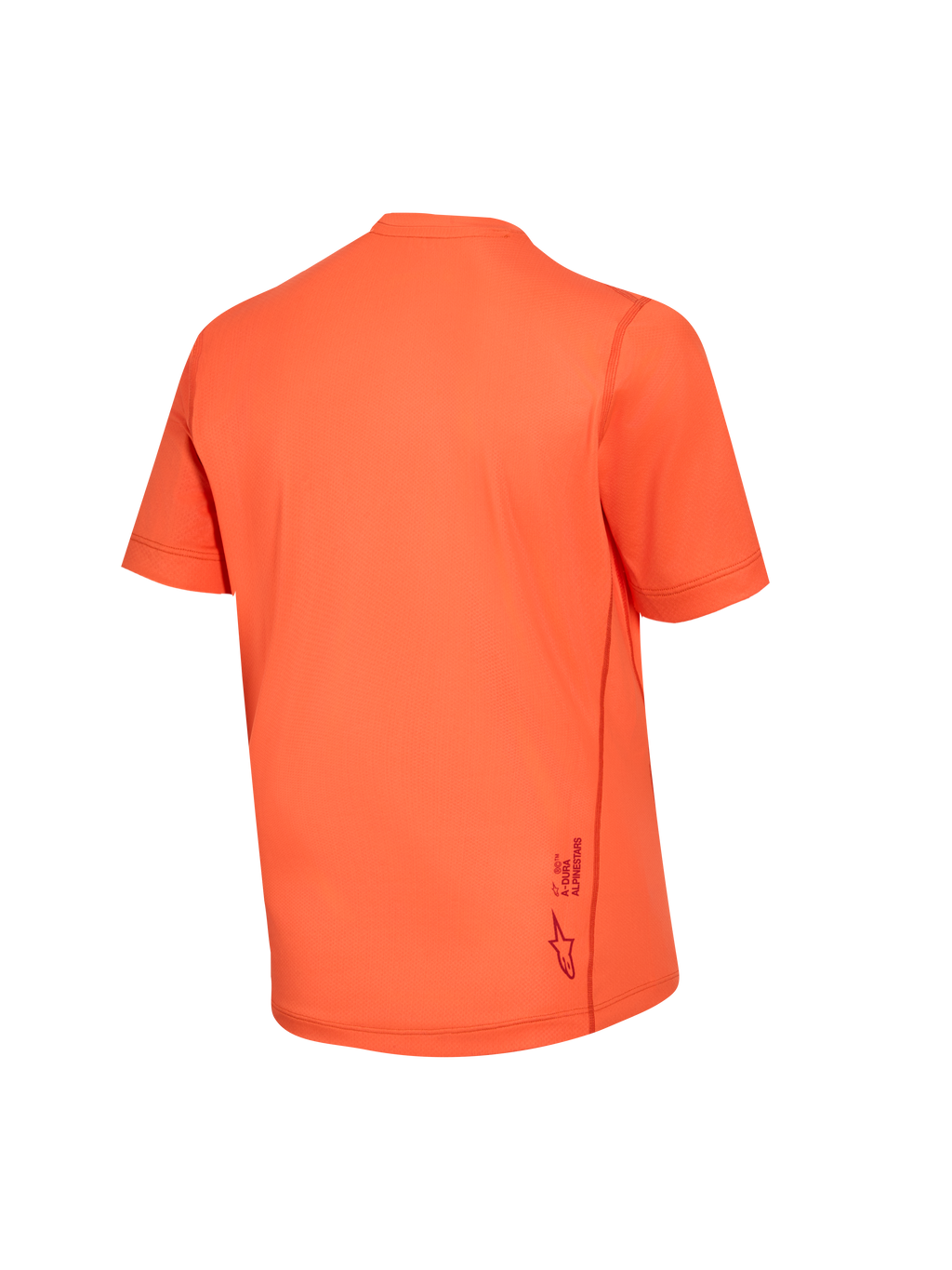 Maillot Stella A-Dura Ride femme orange, vue de dos montrant le tissu jacquard et le logo Alpinestars.