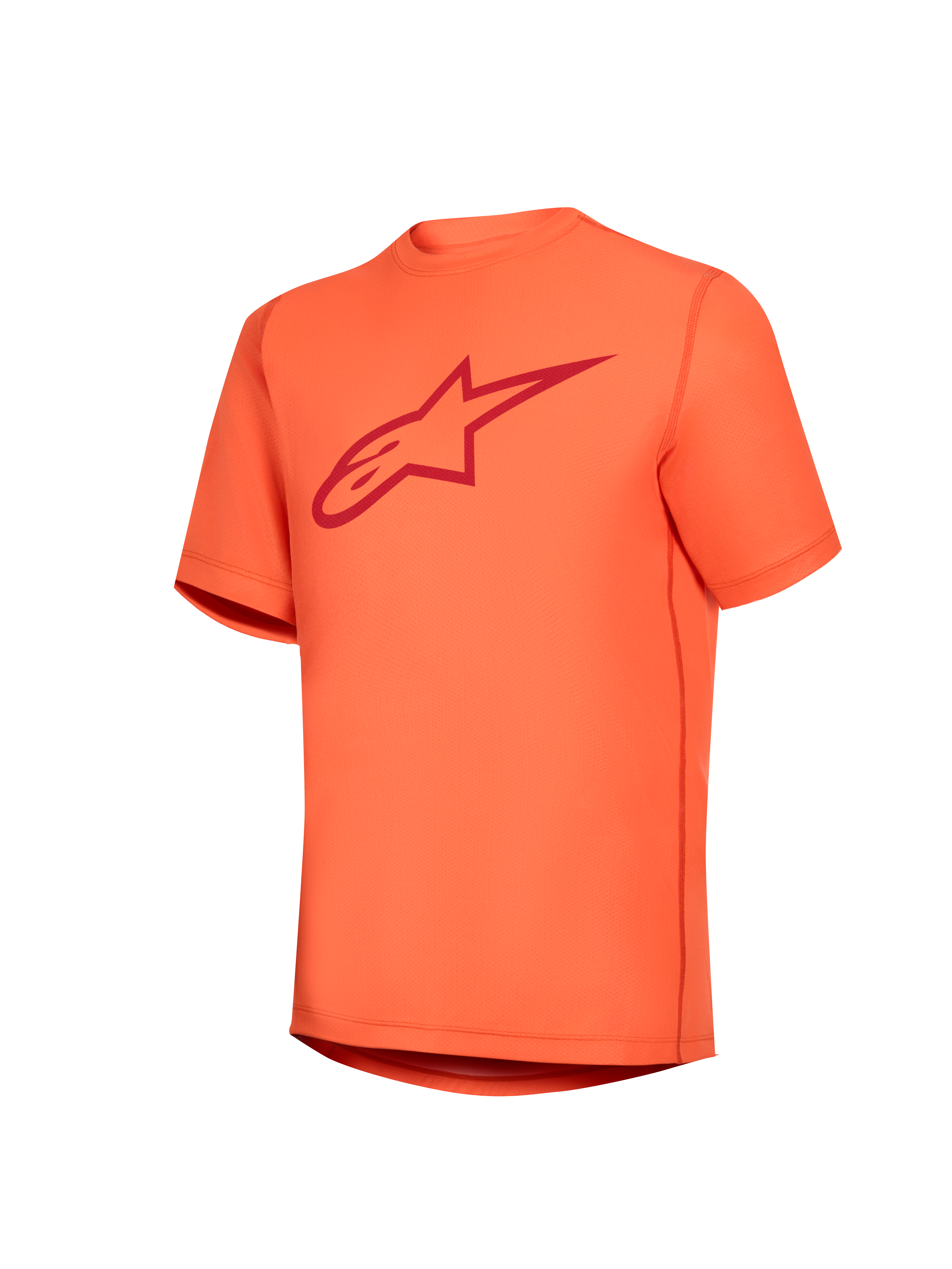 Maillot orange Stella A-Dura Ride pour femme, manches courtes, logo Astars rouge, équipement de VTT performant.