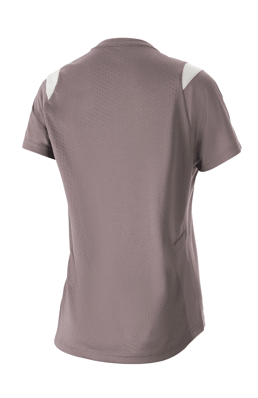 Maillot à manches courtes pour femme Alpinestars Stella Alps Escape, gris moineau avec accents blancs aux épaules, vue de dos montrant une large maille perforée pour la ventilation, tissu DriRelease évacuant l'humidité, vêtement de VTT pour femme