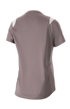 Maillot à manches courtes pour femme Alpinestars Stella Alps Escape, gris moineau avec accents blancs aux épaules, vue de dos montrant une large maille perforée pour la ventilation, tissu DriRelease évacuant l'humidité, vêtement de VTT pour femme