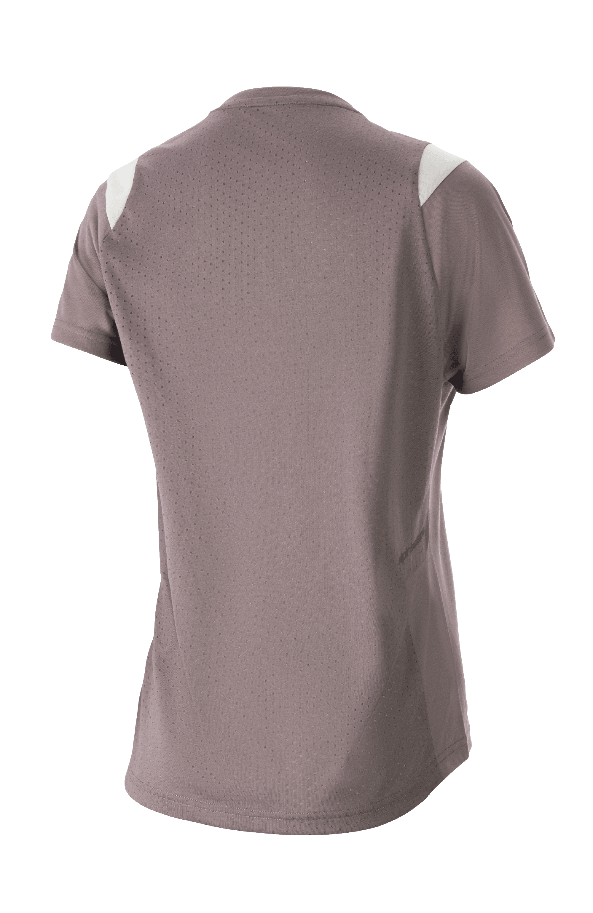 Maillot à manches courtes pour femme Alpinestars Stella Alps Escape, gris moineau avec accents blancs aux épaules, vue de dos montrant une large maille perforée pour la ventilation, tissu DriRelease évacuant l'humidité, vêtement de VTT pour femme