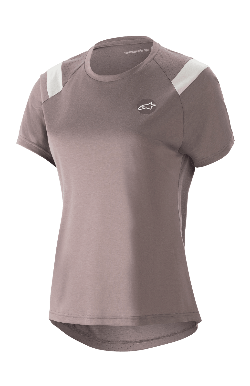 Maillot Alpinestars Stella Alps Escape pour femme, maillot de VTT à manches courtes, gris Sparrow Gray avec accents blancs sur les épaules, panneaux en maille perforée pour la respirabilité, ourlet arrière arrondi et plus long, petit logo Astar circulaire sur la poitrine, coupe sportive décontractée pour le VTT