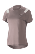 Maillot Alpinestars Stella Alps Escape pour femme, maillot de VTT à manches courtes, gris Sparrow Gray avec accents blancs sur les épaules, panneaux en maille perforée pour la respirabilité, ourlet arrière arrondi et plus long, petit logo Astar circulaire sur la poitrine, coupe sportive décontractée pour le VTT